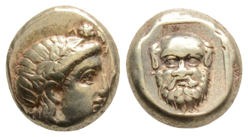 Greek, Lesbos. Mytilene 375-325 BC. Hekte EL10,3 mm., 2,5 g.
Head of Dionysos r...