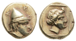 Greek, LESBOS, Mytilene (Circa 377-326 BC) EL Hekte (5.8mm, 2.56g)
Obv: Head of Kabeiros right, wearing wreathed cap; two stars flanking.
Rev: Head ...