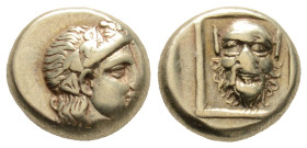 Greek, LESBOS, Mytilene (Circa 377-326 BC) EL Hekte (5.5mm, 2.55g)
Obv: Wreathed head of Dionysos right.
Rev: Head of satyr facing, with full head o...