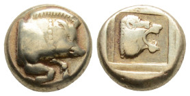 Greek, Lesbos, Mytilene (Circa 454-428/7 BC).
EL Hekte. (10,3 mm, 2.5 g)Forepart of boar to right. /. Head of lion to right within linear square.