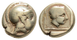 Greek, Lesbos, Mytilene EL Hekte. Circa 412-378 BC. Head of Athena right, wearing crested Attic helmet / Head of Artemis-Kybele right, wearing stephan...