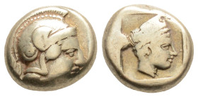 Greek, LESBOS. Mytilene. Circa 412-378 BC. Hekte 2.51gr 19.8mm
Head of Athena to right, wearing crested Attic helmet. Rev. Head of Artemis-Kybele to ...