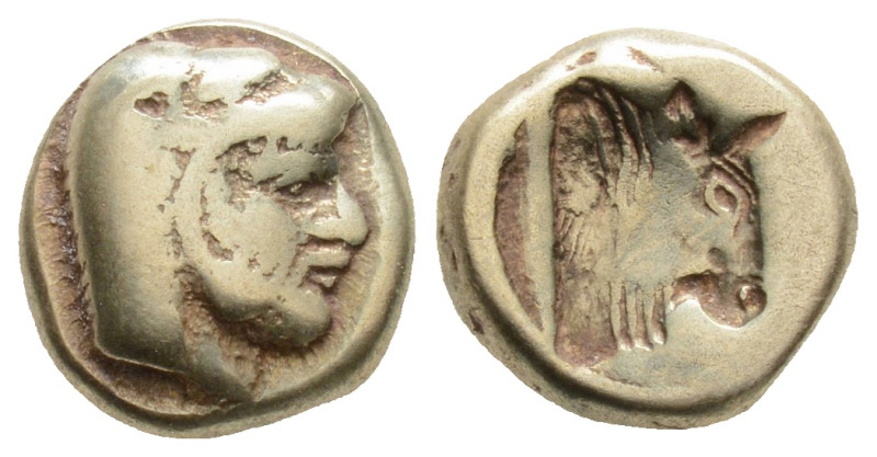 Greek, Lesbos, Mytilene. Electrum Hekte ca. 478-455 BC. 2.40gr. 10.3 mm.
Head o...