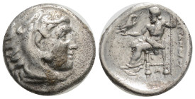 Greek Kings of Macedon. Alexander III "the Great" 336-323 BC. rachm AR, 18 mm., 4 g.
Head of Herakles right, wearing lion skin / Zeus Aëtophoros seat...