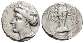 Greek
PONTOS, Amisos (Circa 370-330 BC) AR Drachm (18,2 mm, 5,25 g)
Obv: Turreted head of Hera left.
Rev: Owl with spread wings standing facing on ...