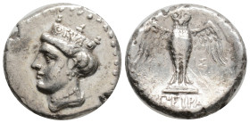 Greek, PONTOS, Amisos (Circa 370-330 BC) AR Drachm (19,2mm, 5,59g)
Obv: Turreted head of Hera left.
Rev: Owl with spread wings standing facing on sh...