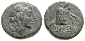 Greek, PONTOS, Amisos, Time of Mithradates VI Eupator (Circa 120-63 BC)
AE Bronze (20.6mm, 7,5 g)
OBv: Head of Dionysos right, wearing ivy wreath
R...