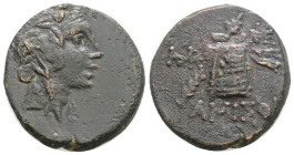 Greek, PONTOS, Amisos, Time of Mithradates VI Eupator (Circa 120-63 BC)
AE Bronze (21.6mm, 8,3 g)
OBv: Head of Dionysos right, wearing ivy wreath
R...