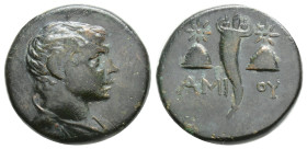PONTOS, Amisos. Circa 110-100 BC. Æ Struck under Mithradates VI. Winged bust of Perseus right / Cornucopia between two piloi.
4.1 g. 16,9 mm.