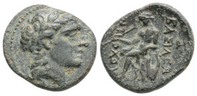 Greek
SELEUKID EMPIRE, Antiochos II Theos (Circa 261-246 BC) AE Bronze (17mm, 3.1g)
Obv: Laureate head of Apollo right.
Rev: Apollo Delphios seated...