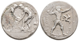 Greek, Pamphylia. Aspendos 370-330 BC. Stater AR
22,1 mm., 7 ,9 g. Two wrestlers grappling; EΣTFEΔIIVΣ, slinger to right, triskeles in right field....