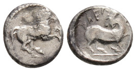 Greek
CILICIA, Kelenderis (Circa 3rd century BC) AR Obol (9,9 mm, 0.7g)
Obv: Horse rearing right.
Rev: KEΛ. Goat kneeling left, head right. Göktürk...