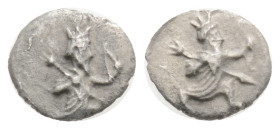 PERSIA, Achaemenid Empire. temp. Artaxerxes II to Darios III. 4th century BC. AR Hemiobol (7,4 mm, 0.24 g, 6h). Persian king or hero, wearing kidaris ...