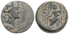 Greek
CILICIA, Tarsos (Circa 164-27 BC) AE Bronze (20.4mm, 6.8g)
Obv: Turreted head of Tyche right; monogram to left.
Rev: ΤΑΡΣΕΩΝ. Zeus seated lef...