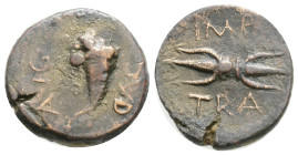 Roman Provincial, UNCERTAIN. Trajan (98-117 AD) AE Bronze (15,7 m, 2,45 g)
Obv: IMP / TRA. Thunderbolt.
Rev: AVG / DAC. Cornucopia. RPC III 6544.