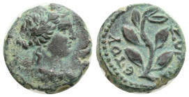 Syria. Antiocheia. Time of Hadrian AD 117-138.
Bronze Æ, 9,5 mm., 2,9 g. Laureate head of Apollo right / ETOY[C] ZOP, laurel branch. BMC 90.