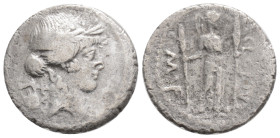 Roman Republic P. Clodius M.f. Turrinus (42 BC) Rome. AR denarius (18,3 mm, 3.4 g)
Obv: Laureate head of Apollo right; lyre in left field
Rev: P•CLO...