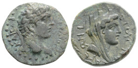 Roman Provincial
Claudius Æ20 of Caesarea, Seleucis and Pieria. AD 41-54. KΛAYΔIOC KAICAP, laureate head right / [ЄTOYC] KAICAPЄΩΝ Γ, turreted, veile...