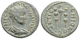 Roman Provincial coins, Pisidie, Antioche de Pisidie, Volusien, AE21, 251-253, 5,3 g. 15,8 mm. A/IMP CAE RAS LCOVNA HILC
Buste radié, drapé et cuiras...