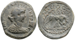 PISIDIA. Antioch. Gallienus (253-268). Ae. 15 g. 25,4 mm.
Obv: IMP CA GALIHNVS PIVS. Radiate, draped and cuirassed bust right.
Rev: ANTIOSHI (sic) C...
