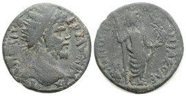 Septimius Severus (193-211). Pisidia, Antiochia. Æ Laureate head r. R/ Mên standing facing, head r. and foot on bucranium, holding scepter and Nike st...