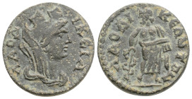 PHRYGIA, Laodicea ad Lycum. Circa 3rd century AD. Æ 20mm (4,1 g. 18,9 mm. ) Turreted and draped bust of city-goddess right / Aesclepius standing left,...