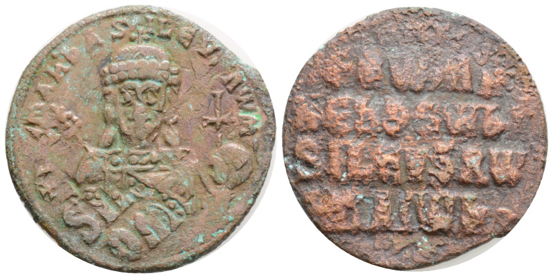 Romanus I Æ Nummus. AD 920-944. +RѠmAn' bASILЄVS RѠm', 5,7 g. 26,1 mm. facing bu...