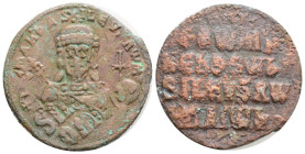 Romanus I Æ Nummus. AD 920-944. +RѠmAn' bASILЄVS RѠm', 5,7 g. 26,1 mm. facing bust of Romanus I, bearded, wearing crown with cross and jewelled chlamy...