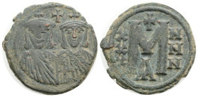 Michael II 'the Amorian', with Theophilus, Æ 40 Nummi. Constantinople, AD 821-829. [M]IXAHL S ΘЄΟFILOS, crowned and facing busts of Michael on left, w...