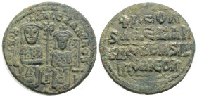 Leon VI the wise (886-912)
(D) Follis (8,5 g. 26,2 mm.), Constantinople, 886-912 AD. Leon VI and Alexander / Legend. Sear 1730, DOC 6, summer 34.6.