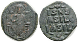 Byzantine, Anonymous follis atributted to Constantine IX (1050-1060 AD) Constantinople
AE Follis (28.4 mm, 11 g.)
Obv:Christ seated facing on throne...