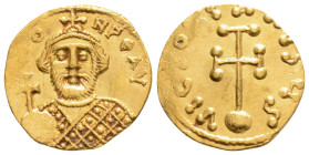 LEONTIUS (695-698). GOLD Semissis. Constantinople.
Obv: D LЄON PЄ AV. 1,96 g. 16,9 mm. Crowned bust facing, holding globus cruciger and mappa.
Rev: ...