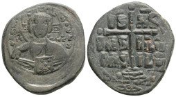 Byzantine Coins
ANONYMOUS FOLLES. Class B. Attributed to Romanus III (1028-1034). 12,1 g. 31,5 mm. Obv: EMMANOVHΛ / IC - XC.
Bust of Christ facing, ...