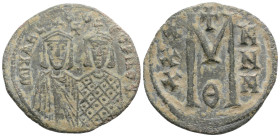 Byzantine, Michael II with Theophilus AD 820-829. Constantinople, Follis Æ, 31 mm., 8 g.
 MIXA-HL S ΘEOFI; Michael, wearing crown and chlamys with sh...