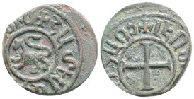 Medieval, Cilician Armenia. Royal. Levon II, 1270-1289. Kardez (Bronze, 24,7 mm, 6,9 g). Lion walking left. Rev. Cross pattée. AC 390. CCA 1567.