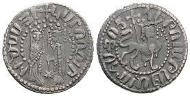 Armenia, Cilician Armenia (1226-1270 AD) Hetoum I AR Tram. Hetoum and Queen Zabel standing facing, holding long cross between them. Crowned lion walki...