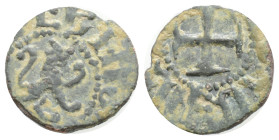 Medieval
Armenian Kingdom. Levon V. 1373-1375. AE pogh (12.8 mm, 0.60 g, 1 h). Lion of Cyprus, rampant to right, within dotted border / Cross potent ...