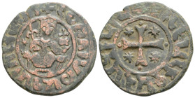 Medieval, Armenia, Hetoum I (1226-1270 AD) AE Bronze (23,6 mm, 7,8g)
Obv: Hetoum seated facing on leonine throne, holding lis-tipped sceptre and orb....