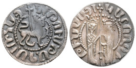Medieval, Armenia, Hetoum I and Zabel (1226-1270 AD)
AR Tram. (21 mm, 2.92 g)
Obv: Hetoum and Zabel standing facing one another, heads facing, holdi...
