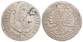 Medieval
Chrystian Ulryk, Oleśnica 1698 3 krajcary, AR Silver(1.6g, 20,9mm)
Wariant z STERN & MED w legendzie rewersu. POLEN POLAND SCHLESIEN OELS
...