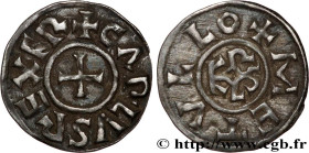 CHARLES II LE CHAUVE / THE BALD
Type : Denier 
Date : c. 840-864 
Mint name / Town : Melle 
Metal : silver 
Diameter : 21  mm
Orientation dies : 6  h....