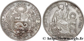 PERU
Type : 1 Sol Liberté assise 
Date : 1882 
Mint name / Town : Lima 
Metal : silver 
Millesimal fineness : 900  ‰
Diameter : 37,5  mm
Orientation d...