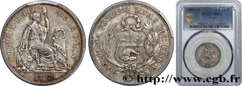 PERU
Type : 25 Centimos “Liberté” assise 
Date : 1859 
Mint name / Town : Lima 
...