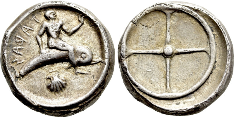 CALABRIA. Tarentum. Nomos (Circa 480-470 BC). 

Obv: TARAS (retrograde). 
Tar...