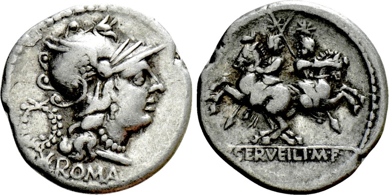 C. SERVILIUS M. F. Denarius (136 BC). Rome. 

Obv: ROMA. 
Helmeted head of Ro...