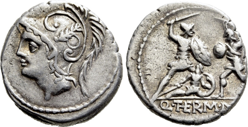 Q. THERMUS M. F. Denarius (103 BC). Rome. 

Obv: Head of Mars left, wearing cr...