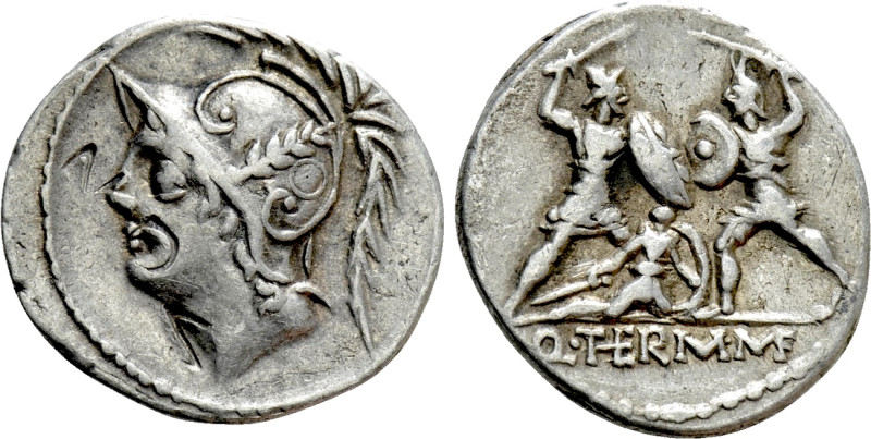 Q. THERMUS M. F. Denarius (103 BC). Rome. 

Obv: Head of Mars left, wearing cr...