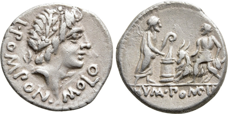 L. POMPONIUS MOLO (97 BC). Denarius. Rome. 

Obv: L POMPON MOLO. 
Laureate he...