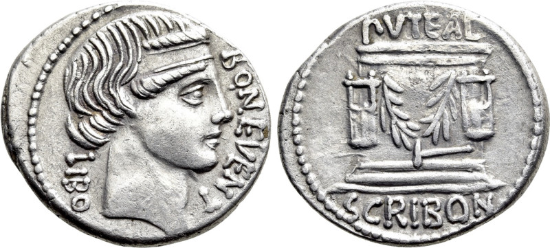 L. SCRIBONIUS LIBO. Denarius (62 BC). Rome. 

Obv: BON EVENT / LIBO. 
Diademe...