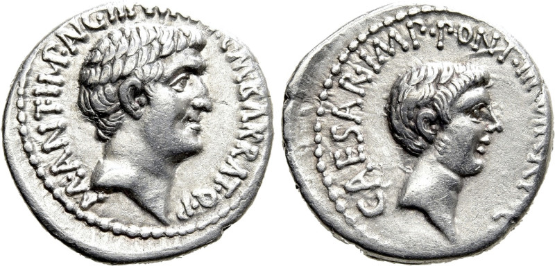 MARK ANTONY & OCTAVIAN. Denarius (41 BC). M. Barbatius Pollio, quaestor pro prae...